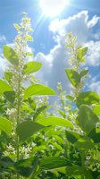 Fresh green privet hedge blooming with small white flowers against bright blue summer sky with sunbeams and fluffy clouds, natural seasonal background.