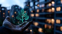 Glowing green leaf hologram floating above open palm against blurred city lights background, symbolizing environmental technology and sustainable future.