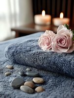 Soft pink roses and zen stones on plush gray towel with glowing candles creating peaceful spa atmosphere. Wellness and relaxation concept for beauty treatments.