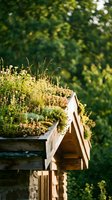 Wooden birdhouse with living roof covered in moss, sedums, and grasses against blurred green foliage background. Ideal for garden and nature designs.