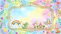 Watercolor kids frame with rainbow, dragon, owl, castle, fox and stars on pastel floral background, copy space for text.