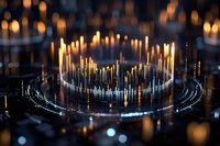 Glowing golden light beams rise from circular platform creating magical atmosphere with bokeh effect in dark background.
