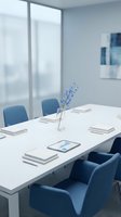 Modern conference room with blue chairs around white table, notebooks and tablet ready for business meeting in bright office space with city view.