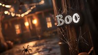Spooky Halloween scene with glowing BOO text and spider silhouette against dark atmospheric background with bokeh lights and cobwebs, creating eerie mood.