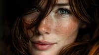 Young redhead woman with freckles and green eyes looking at camera with natural beauty and warm lighting for skincare and cosmetics advertising.