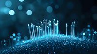 Glowing blue fiber optic strands emerge from sparkling surface against dark background with bokeh lights, creating futuristic technological atmosphere.