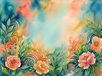 Watercolor floral border with roses, peonies, and golden swirls on a colorful teal and coral background with copy space.