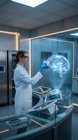 Female scientist in white lab coat examining holographic brain projection in futuristic medical laboratory with advanced technology equipment.