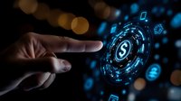 Digital finance concept with hand reaching toward glowing dollar symbol hologram surrounded by data elements and bokeh lights for fintech applications.
