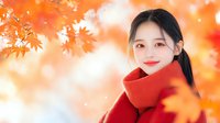 Young Asian woman wearing red scarf smiling against autumn background with falling maple leaves and soft orange bokeh effect, expressing joy and seasonal warmth.