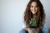 Young woman with long wavy brown hair holding small potted plant, wearing casual white top and jeans, sitting against light background with genuine smile.
