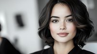 Young Asian woman with short dark wavy hair and natural makeup smiling confidently at camera against blurred background. Professional portrait for beauty and fashion industry.