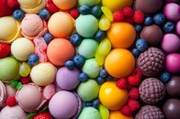 Colorful macarons and ice cream scoops arranged with fresh berries creating vibrant dessert composition. Sweet treats background with raspberries and blueberries.