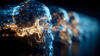 Digital skull with glowing neural networks and data streams representing artificial intelligence and cybersecurity concepts in futuristic technology.
