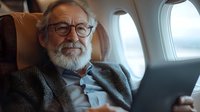 Senior businessman with white beard and glasses using tablet computer during luxury airplane flight for business travel and digital connectivity.