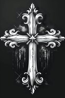 Ornate gothic cross with decorative flourishes and grunge texture on black background for religious design projects and spiritual artwork applications.