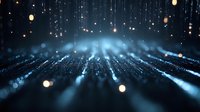 Glowing blue light rays and particles create dynamic perspective with bokeh effect on dark background, abstract technology concept for digital media.