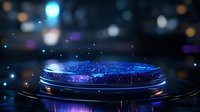Futuristic holographic display platform with glowing blue particles and bokeh lights creating sci-fi technology showcase stage for product presentation.