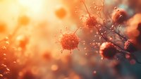 Microscopic virus cells floating in orange atmospheric background with depth of field effect and blurred particles for medical and scientific concepts.
