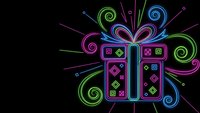 Neon gift box with colorful swirls and geometric patterns on black background for celebration designs and holiday decorations.