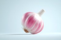 Fresh pink garlic bulb isolated on light blue background, showcasing vibrant color variation for food photography and culinary concepts.