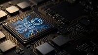 Computer processor chip with glowing blue SEO text on circuit board showcasing digital marketing technology and search engine optimization concepts.