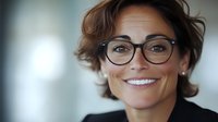 Professional middle-aged businesswoman with short wavy brown hair wearing glasses and black blazer smiling confidently at camera against blurred office background.