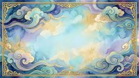 Ornate golden frame with swirling clouds in pastel blue, purple and yellow watercolor style creates dreamy celestial border for invitations and designs.