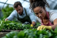 Young African American woman and Caucasian man in aprons working together in modern greenhouse, tending to organic plants and harvesting fresh produce.