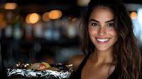 Young Hispanic woman with bright smile and long dark hair holding dessert tray in restaurant setting with warm bokeh lights in background. Professional waitress portrait.