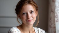 Young Caucasian woman with natural makeup and gentle smile wearing white lace dress, soft window lighting creates romantic mood. For lifestyle, beauty and fashion blogs.