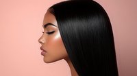 Profile view of young woman with sleek, straight black hair against soft pink background. Highlighting professional hair styling for beauty and salon advertising.
