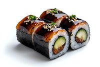 Fresh unagi sushi rolls with cucumber, eel, sesame seeds and green onion garnish on white background, close up view of traditional Japanese cuisine.