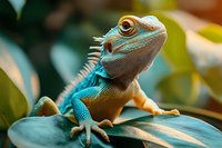 Colorful lizard with blue and turquoise scales perched on a leaf, displaying detailed texture and vibrant coloring for wildlife and nature design projects.
