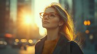 Professional blonde businesswoman with glasses looking up optimistically in urban city setting during golden hour sunset with bokeh lights and modern buildings.