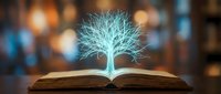 Glowing tree of light emerging from open book pages against blurred bokeh background, symbolizing knowledge, learning, education, wisdom, and imagination for educational content.