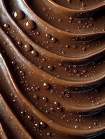 Smooth waves of melted chocolate with scattered droplets creating luxurious texture and depth. Rich brown swirls and bubbles form appetizing dessert background.