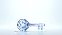 Transparent blue crystal key with geometric faceted design isolated on white background, ready for design projects, clipart, and digital applications.