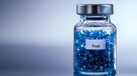 Glass jar with blue glittering particles labeled "Trust" against gradient background, representing concept of confidence, faith, and reliability in business relationships.
