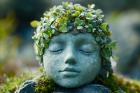 Stone garden sculpture with closed eyes adorned by fresh green succulent plants and moss, creating peaceful zen atmosphere in outdoor setting.