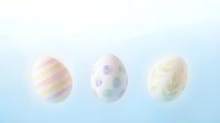 Three pastel Easter eggs with soft stripes and polka dot patterns on light blue gradient background for spring holiday decorations and greeting cards.