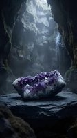 Large amethyst crystal cluster on stone ledge inside mysterious cave with dramatic natural lighting and atmospheric mist for spiritual healing concepts.