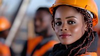 Professional African American female construction worker with braided hair wearing orange hard hat smiling confidently at industrial worksite with team.