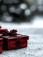 Red metallic gift box with glittering bow on snowy surface against blurred bokeh background. Festive holiday composition with magical winter atmosphere.