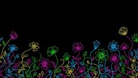 Colorful neon floral border on black background with glowing outline flowers and leaves creating decorative frame for design projects and presentations.