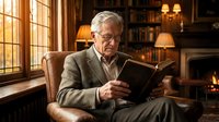 Senior Caucasian man with gray hair and glasses reading book in cozy library with fireplace, leather chair, warm lighting for retirement lifestyle content.