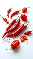 Red hot chili peppers and bell peppers arranged on white background with sliced pieces showing seeds and flesh. Fresh produce for cooking and culinary design.