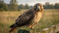 Bald eagle perched on wooden fence post in open grassland field, alert posture with head turned, natural wildlife habitat setting.