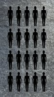 Rows of black human silhouettes arranged in uniform pattern against textured gray concrete background represent unity, conformity and social organization.