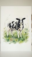Watercolor painting of black and white spotted cow standing in green grass meadow on white paper background for farmhouse decor and agricultural art projects.